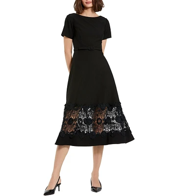 Mac Duggal Crepe Round Neck Short Sleeve Applique Lace Belted Midi A-Line Dress
