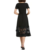 Mac Duggal Crepe Round Neck Short Sleeve Applique Lace Belted Midi A-Line Dress