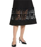 Mac Duggal Crepe Round Neck Short Sleeve Applique Lace Belted Midi A-Line Dress
