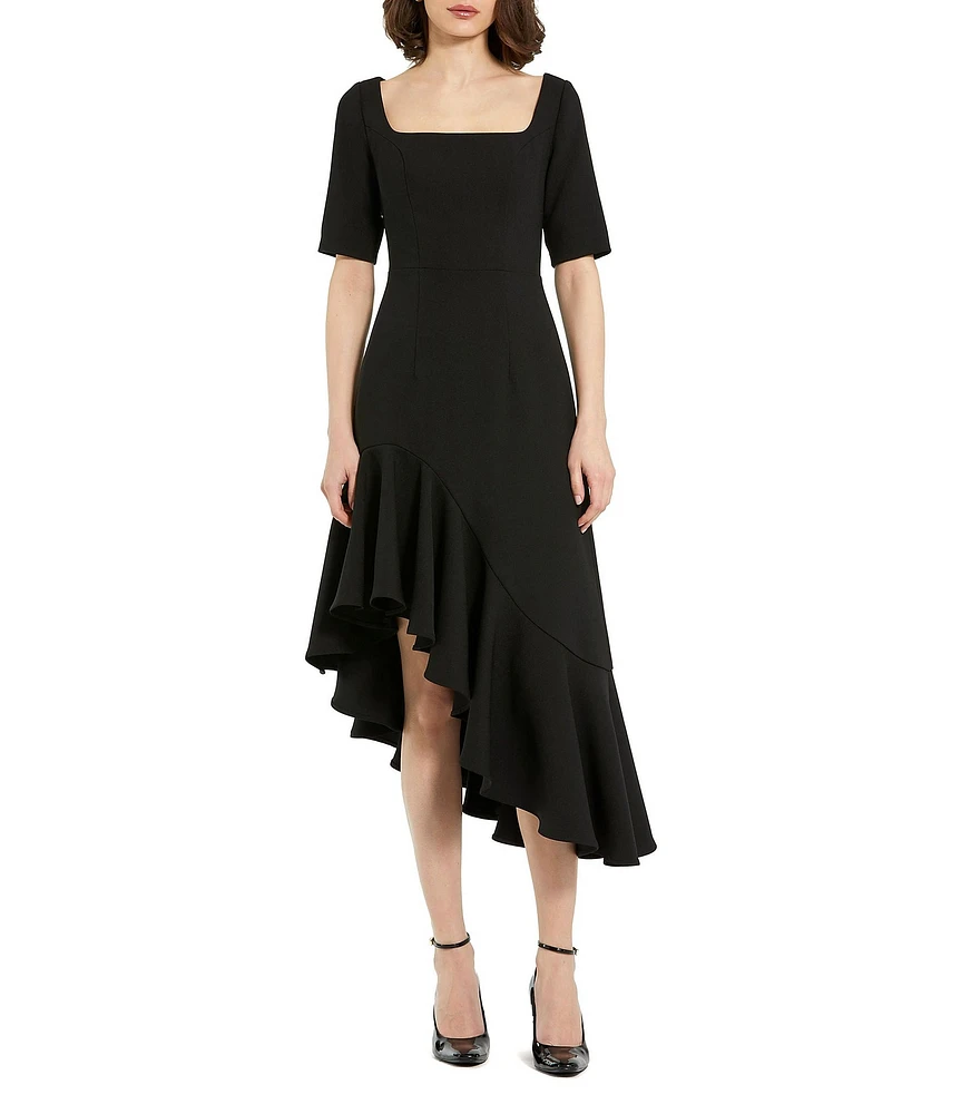 Mac Duggal Crepe Square Neck Elbow Sleeve Asymmetrical Ruffle Hem Midi Dress