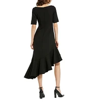 Mac Duggal Crepe Square Neck Elbow Sleeve Asymmetrical Ruffle Hem Midi Dress