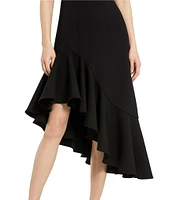 Mac Duggal Crepe Square Neck Elbow Sleeve Asymmetrical Ruffle Hem Midi Dress
