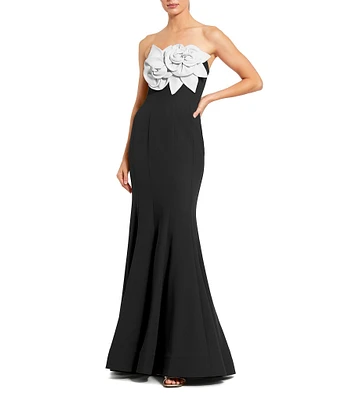 Mac Duggal Crepe Strapless 3D Flower Pattern Mermaid Gown
