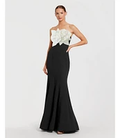Mac Duggal Crepe Strapless 3D Flower Pattern Mermaid Gown