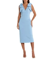 Mac Duggal Crepe V-Neck Sleeveless Bow Shoulder Midi Sheath Dress