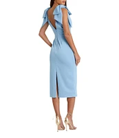 Mac Duggal Crepe V-Neck Sleeveless Bow Shoulder Midi Sheath Dress