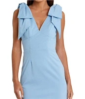 Mac Duggal Crepe V-Neck Sleeveless Bow Shoulder Midi Sheath Dress