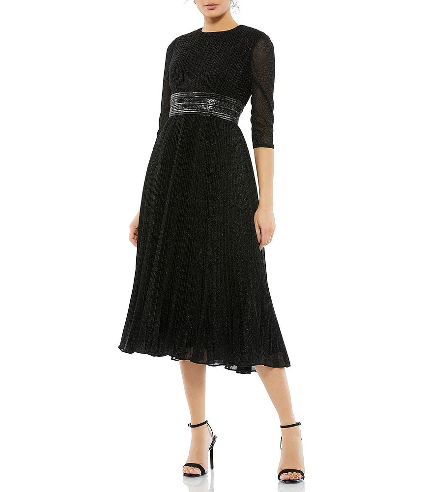 Mac Duggal Crew Neck 3/4 Sleeve Pleated A-Line Midi Dress