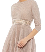 Mac Duggal Crew Neck 3/4 Sleeve Pleated A-Line Midi Dress