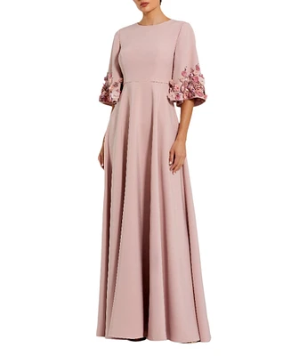 Mac Duggal Crew Neck 3D Floral Applique Elbow Sleeve A-Line Satin Gown