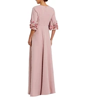 Mac Duggal Crew Neck 3D Floral Applique Elbow Sleeve A-Line Satin Gown