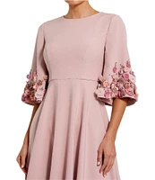 Mac Duggal Crew Neck 3D Floral Applique Elbow Sleeve A-Line Satin Gown