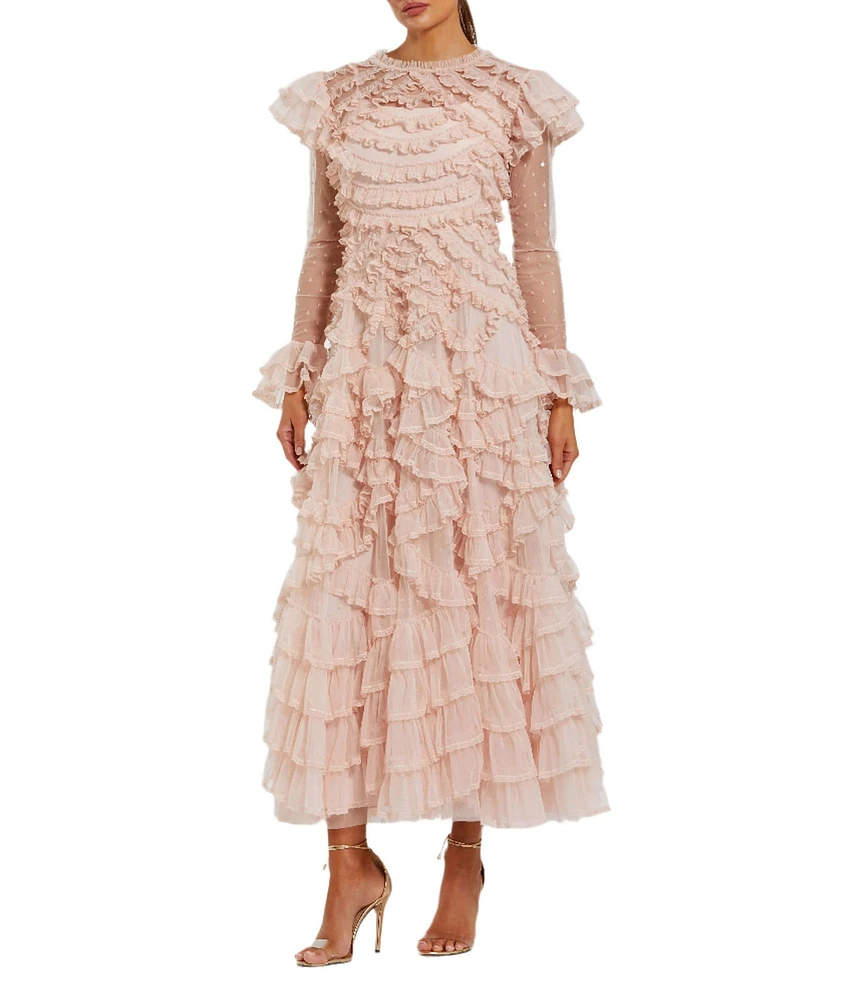 Mac Duggal Crew Neck Illusion Long Sleeve Dotted Mesh Micro Ruffle A-line Midi Dress