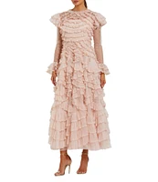 Mac Duggal Crew Neck Illusion Long Sleeve Dotted Mesh Micro Ruffle A-line Midi Dress
