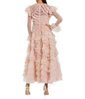 Mac Duggal Crew Neck Illusion Long Sleeve Dotted Mesh Micro Ruffle A-line Midi Dress