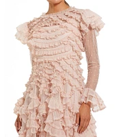 Mac Duggal Crew Neck Illusion Long Sleeve Dotted Mesh Micro Ruffle A-line Midi Dress
