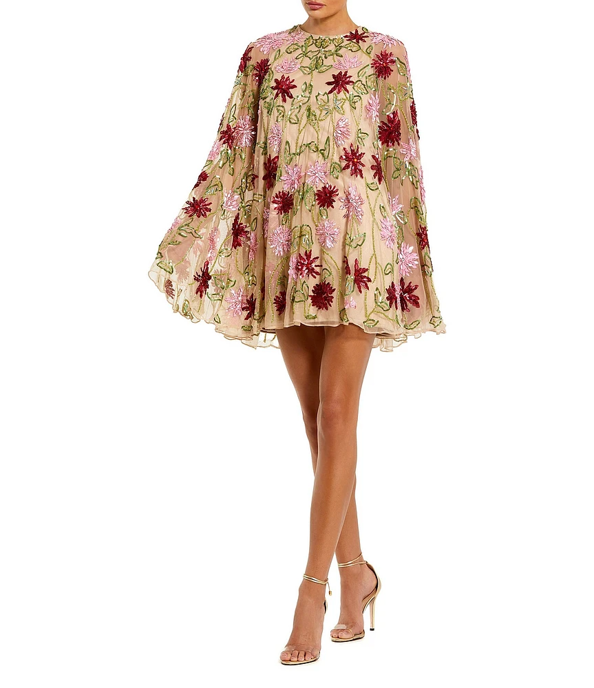 Mac Duggal Crew Neck Long Bell Sleeves Beaded Floral Mesh Shift Mini Dress