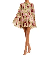 Mac Duggal Crew Neck Long Bell Sleeves Beaded Floral Mesh Shift Mini Dress
