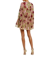 Mac Duggal Crew Neck Long Bell Sleeves Beaded Floral Mesh Shift Mini Dress