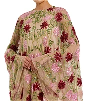 Mac Duggal Crew Neck Long Bell Sleeves Beaded Floral Mesh Shift Mini Dress