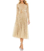 Mac Duggal Crew Neck Long Sleeve Beaded A-Line Midi Dress