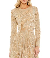 Mac Duggal Crew Neck Long Sleeve Beaded A-Line Midi Dress