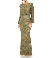 Mac Duggal Crew Neck Long Sleeve Beaded Blouson Gown