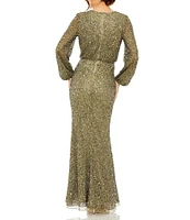 Mac Duggal Crew Neck Long Sleeve Beaded Blouson Gown