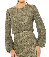 Mac Duggal Crew Neck Long Sleeve Beaded Blouson Gown