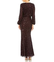 Mac Duggal Crew Neck Long Sleeve Beaded Blouson Gown