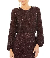 Mac Duggal Crew Neck Long Sleeve Beaded Blouson Gown