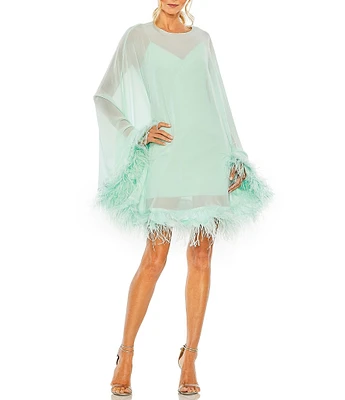 Mac Duggal Crew Neck Long Sleeve Feather Trim Cape Overlay Mini Dress