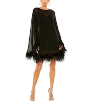 Mac Duggal Crew Neck Long Sleeve Feather Trim Cape Overlay Mini Dress