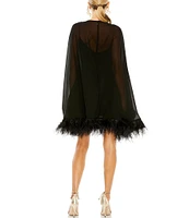 Mac Duggal Crew Neck Long Sleeve Feather Trim Cape Overlay Mini Dress