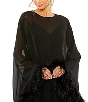 Mac Duggal Crew Neck Long Sleeve Feather Trim Cape Overlay Mini Dress