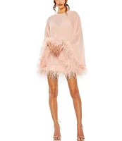 Mac Duggal Crew Neck Long Sleeve Feather Trim Cape Overlay Mini Dress