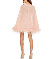 Mac Duggal Crew Neck Long Sleeve Feather Trim Cape Overlay Mini Dress