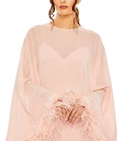 Mac Duggal Crew Neck Long Sleeve Feather Trim Cape Overlay Mini Dress