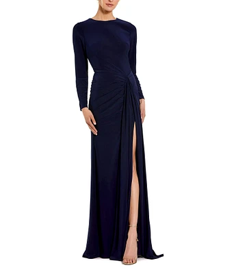 Mac Duggal Crew Neck Ruched Waist Jersey Gown