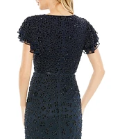 Mac Duggal Crew Neck Ruffled Short Sleeve Flounce Hem Floral Embellished Sheath Midi Dress