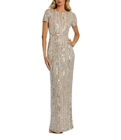 Mac Duggal Crew Neck Short Sleeve Sequin Column Gown