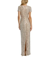 Mac Duggal Crew Neck Short Sleeve Sequin Column Gown