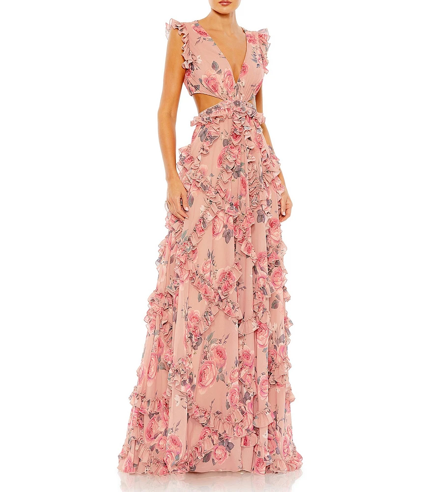 Mac Duggal Cutout Floral V-Neck Ruffled Cap Sleeve Gown