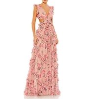 Mac Duggal Cutout Floral V-Neck Ruffled Cap Sleeve Gown