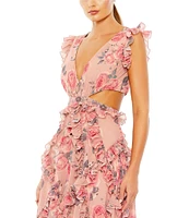 Mac Duggal Cutout Floral V-Neck Ruffled Cap Sleeve Gown
