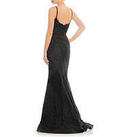 Mac Duggal Deep Split V-Neck Embroidered Mixed Media Trumpet Gown