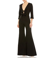 Mac Duggal Deep V-Bow Detail 3/4 Sleeve Bell Pant Jumpsuit