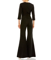 Mac Duggal Deep V-Bow Detail 3/4 Sleeve Bell Pant Jumpsuit