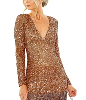 Mac Duggal Deep V Long Sleeve Sequin Fringe Hem Mini Dress