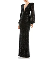 Mac Duggal Deep V-Neck Bishop Sleeve Sequined Gown